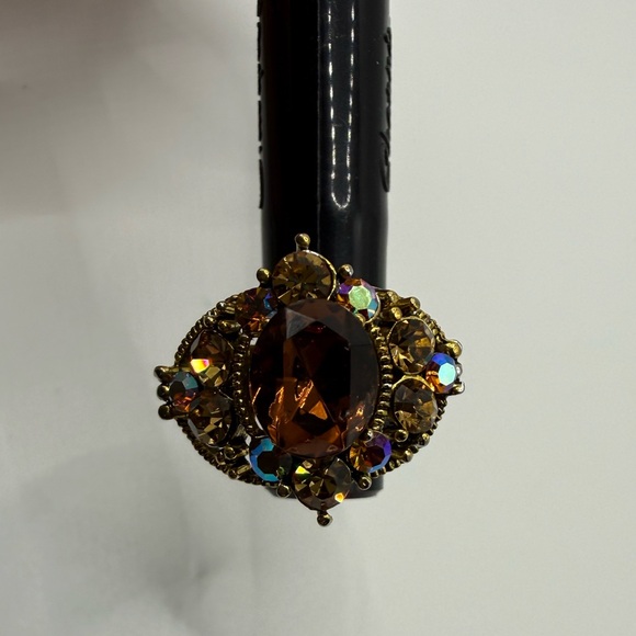 Source Unknown Jewelry - 🛍️ Amber Statement Ring Adjustable Silver Tone Band Vintage Style Sparkle